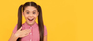 thank you. amazed child with teddy bear. present for holidays. Child face, horizontal poster, teenager girl isolated portrait, banner with copy space