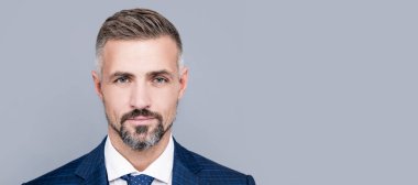 Man face portrait, banner with copy space. mature businessman portrait with grizzled hair in formal suit, businessman.