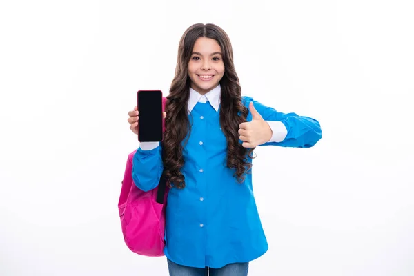 Portrait School Girl Holding Phone Isolated White Background — Stock Photo, Image