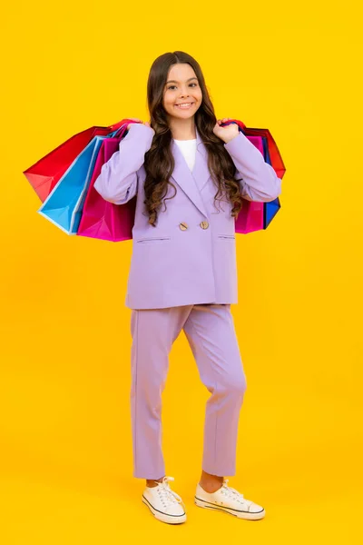 Fashion Style Trendy Child Teenager Hold Shopping Bag Enjoying Sale — 스톡 사진