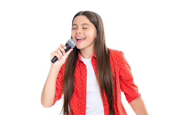 Child Girl Holding Wireless Microphone Karaoke Singing Talk Speaker White — Stockfoto