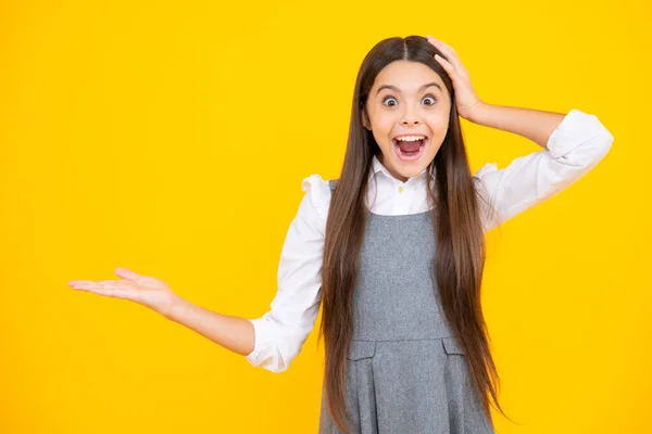 Close Portrait Teenager Child Girl Showing Copy Space Pointing Ads — Stock Fotó