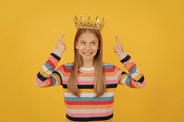 Happy Teen Kid Point Finger Queen Crown Yellow Background —  Fotos de Stock