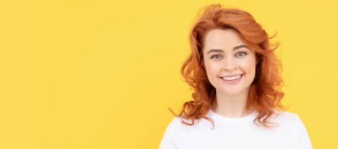 Woman isolated face portrait, banner with mock up copy space. happy redhead woman working online. mobile chat app. girl chat online. sms and instant messaging