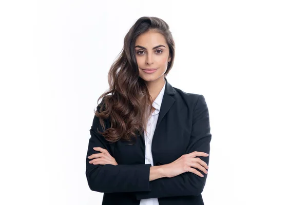 Portrait Business Woman Suit Crossed Arms Confidence Businesswoman Grey Background — Zdjęcie stockowe