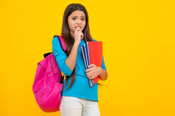 Schoolchild Teenage Student Girl Hold Book Yellow Isolated Studio Background — Foto de Stock