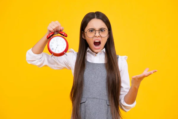 Portrait Teenage Girl Clock Alrm Time Deadline Studio Shot Isolated — Zdjęcie stockowe