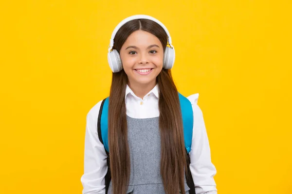 School Girl Headphones Isolated Studio Background School Music Concept Happy — Photo