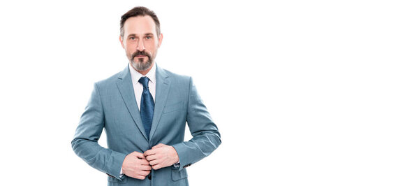 Man face portrait, banner with copy space. serious mature grizzled ceo in businesslike suit isolated on white, formal fashion