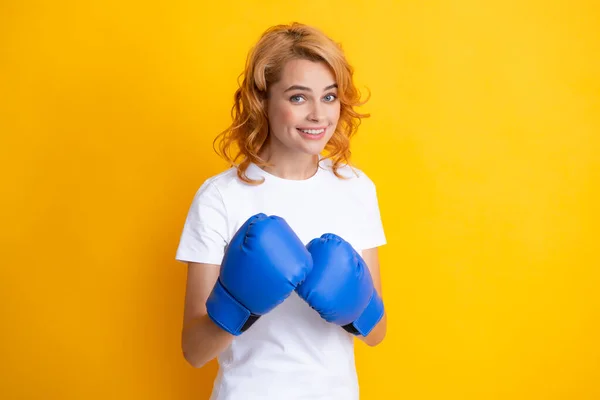 Woman Boxing Gloves Winning Woman Success Concept Isolated Yellow Background — Stockfoto