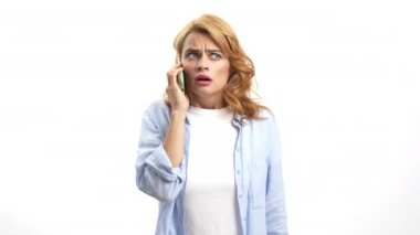 worried woman feel disturbance during mobile phone talk, bad news.