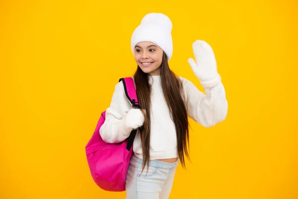 Funny School Girl Child Student Backpack Warn Hat Isolated Yellow — 图库照片