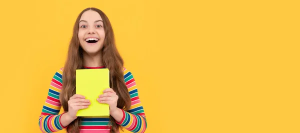 Happy Girl Child Smile Holding School Book Yellow Background Schooling — Stok fotoğraf