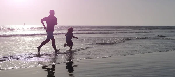Silhouette Father Son Run Summer Beach Outdoor Banner Poster Copy — Zdjęcie stockowe