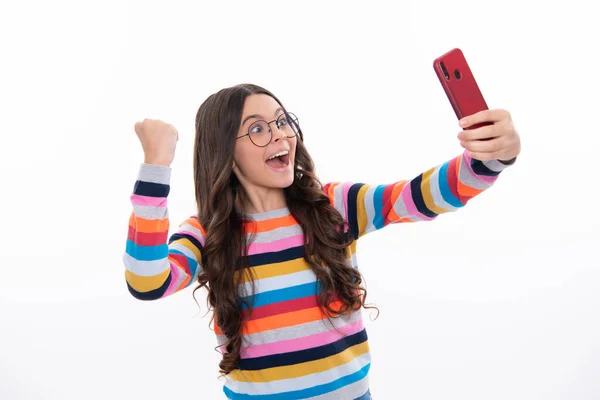 Kids Selfie Portrait Excited Teenage Girl Using Mobile Phone Chatting — 스톡 사진