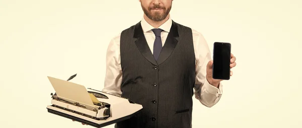 Cropped Man Hold Retro Typewriter Modern Smartphone Technology — Photo