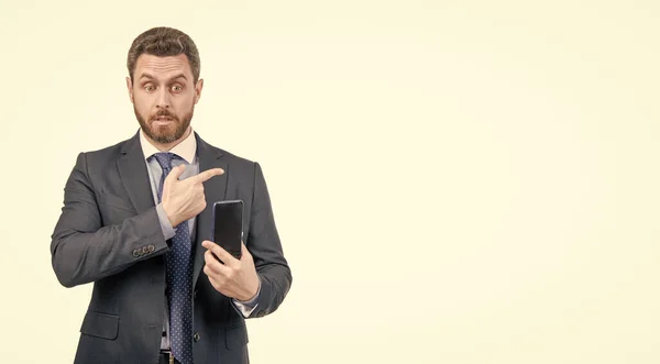 Business Professional Man Formal Suit Hold Mobile Phone Pointing Finger —  Fotos de Stock