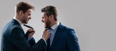 Man face portrait, banner with copy space. disagreed men colleague disputing and fighting aggressive and angry while conflict, blaming