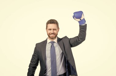 Create success from strength. Happy boss keep boxing glove raised. Business success. Successful businessman. Professional man winner. Cause Im a champion.