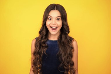 Heyecanlı bir yüz, neşeli genç bir kız. Stüdyoda güzel bir genç kız. Çocuk portresi