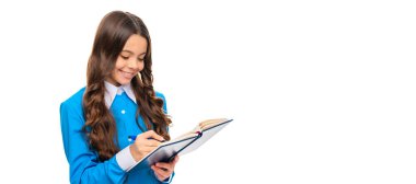 Learn to write. Happy child do homework in writing. Calligraphic writing and calligraphy. Banner of schoolgirl student. School child pupil portrait with copy space