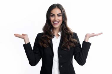 Woman point at copy space, showing copyspace pointing. Promo, girl showing advertisement content gesture, pointing with hand recommend product. Happiness business woman face