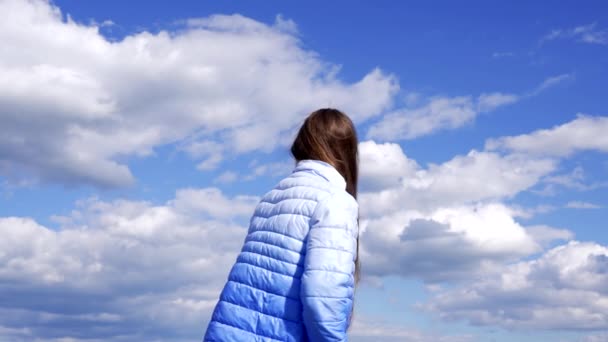 Happy Child Autumn Jacket Show Long Beautiful Hair Sky Background — Αρχείο Βίντεο