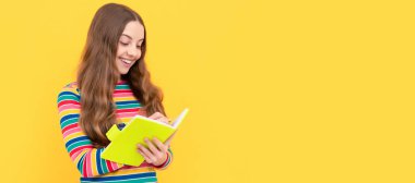 Keep calm and do your hometask. Happy child do homework assignment. Homework writing. Horizontal isolated poster of school girl student. Banner header portrait of schoolgirl copy space