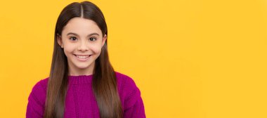 Child face, horizontal poster, teenager girl isolated portrait, banner with copy space