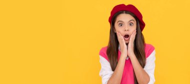 oh no. amazed child has perfect style. teenage beauty. tween and youth. casual fashion. Child face, horizontal poster, teenager girl isolated portrait, banner with copy space