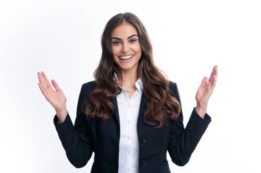 Woman point at copy space, showing copyspace pointing. Promo, girl showing advertisement content gesture, pointing with hand recommend product. Isolated background. Happiness business woman face