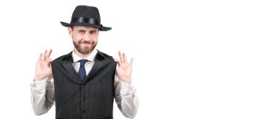 Man face portrait, banner with copy space. smiling funny bearded elegant man in vintage hat isolated on white background, gentleman