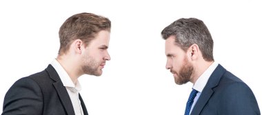 Man face portrait, banner with copy space. two businessmen starring to each other in business conflict, opposition