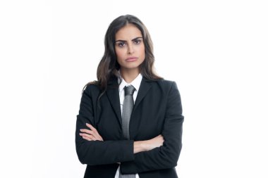 Portrait of business woman in suit crossed arms. Confidence businesswoman against grey background with copy space. Proud student girl. Beautiful businesswoman. Female business model face