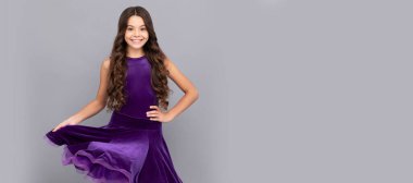 dancing school. full length of kid with wavy hair. beauty and fashion. Child face, horizontal poster, teenager girl isolated portrait, banner with copy space