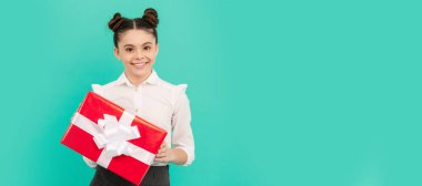 boxing day. present and gifts buy. shopping child with purchase. kid with box. Kid girl with gift, horizontal poster. Banner header with copy space