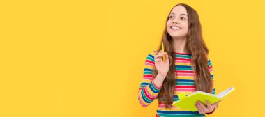 Flash of genius. Happy girl hold copybook pointing pen up. Child genius yellow background. Horizontal isolated poster of school girl student. Banner header portrait of schoolgirl copy space