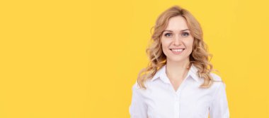 happy blonde businesswoman woman in white shirt, boss. Woman isolated face portrait, banner with mock up copy space