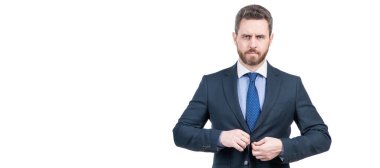 İnsan yüzü portresi, kopyalama alanı olan pankart, beyaz üzerine izole edilmiş.