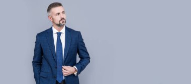 entrepreneur or manager. male formal fashion. professional unshaven ceo. mature boss with wristwatch. Man face portrait, banner with copy space