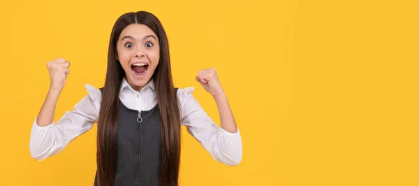 Happy Teenage Girl Winner Give Winning Gesture Celebrating Victory Yellow — Fotografia de Stock