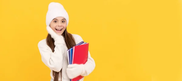 Winter School Kid Workbook Yellow Background Happy Childhood Teen Girl — Foto Stock