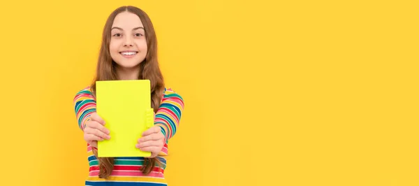 Happy Kid Smile Showing School Book Copy Space Yellow Background — Stok fotoğraf