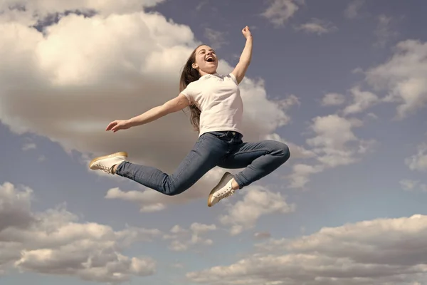 Happy Teen Child Jump Sky Background — стоковое фото