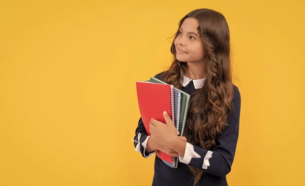 Cheerful Child Hold School Copybooks Homework Studying Yellow Background Back — Fotografia de Stock