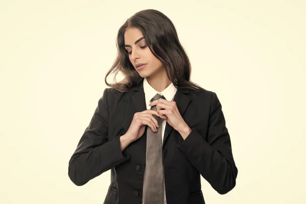 Business woman in suit and tie. Confident female entrepreneur. Businesswoman correct necktie, prepare for business meeting. Female office worker, success manager