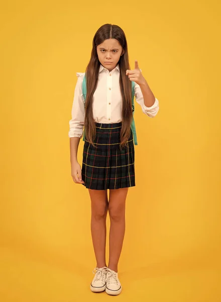 Serious Teen Girl Backpack School Uniform Full Length Raised Finger — Stock Photo, Image