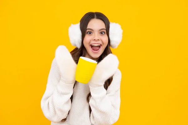 Ενθουσιασμένη Έφηβη Κοπέλα Χειμώνα Ζεστό Αφτιά Πτερύγια Αυτί Και Πουλόβερ — Φωτογραφία Αρχείου