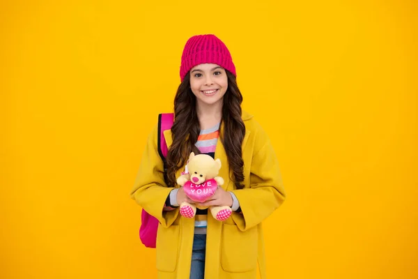 Happy Teenager School Girl Warm Hat Autumn Kids Portrait School — Foto Stock