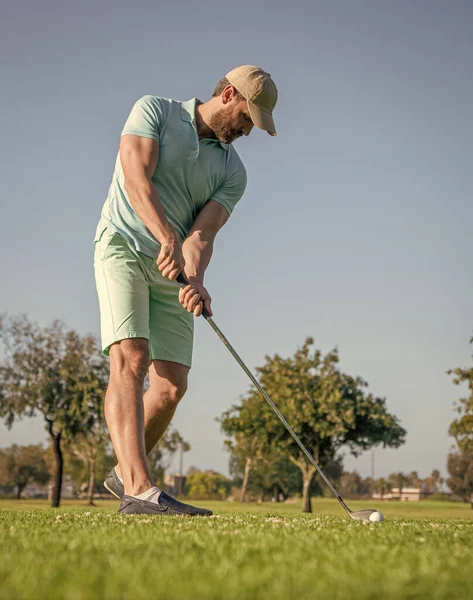 concentrated golfer in cap with golf club, golfing.